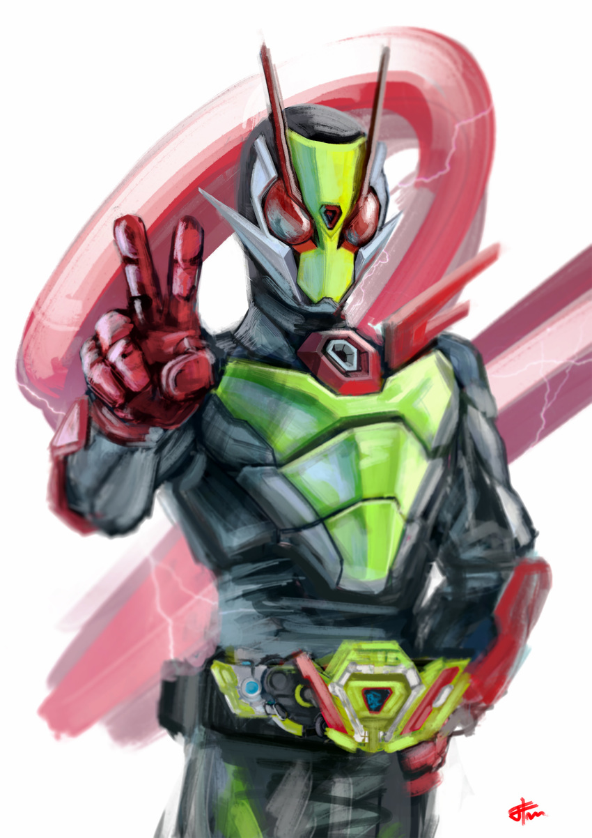 1boy, belt_buckle, buckle, hand_on_hip, highres, kamen_rider, kamen_rider_01_(series), kamen_rider_zero-two