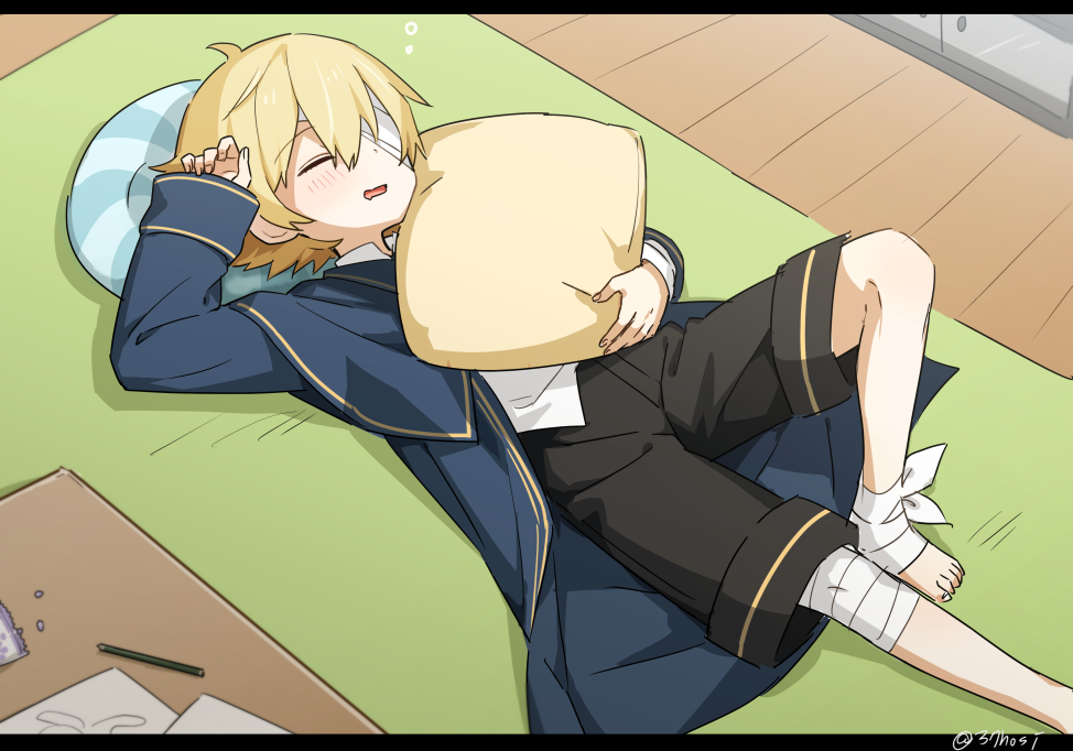 1boy, bandage_over_one_eye, bandaged_arm, bandaged_feet, bandaged_knees, bandages, black_shorts, blonde_hair