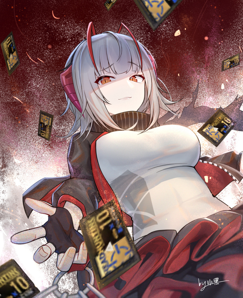 1girl, antennae, arknights, bangs, black_gloves, black_scarf, breasts, brown_eyes