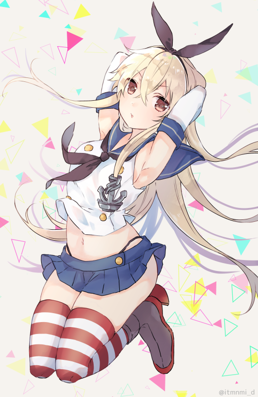 1girl, armpits, arms_behind_head, black_neckwear, black_panties, blonde_hair, blue_sailor_collar, blue_skirt, blush, brown_eyes, crop_top, elbow_gloves, eyebrows_visible_through_hair, full_body, gloves, hair_between_eyes, highleg, highleg_panties, kantai_collection, long_hair, miniskirt, navel, neckerchief, panties, parted_lips, pleated_skirt, saiki_yuzuri, sailor_collar, school_uniform, serafuku, shimakaze_(kantai_collection), skirt, sleeveless, solo, striped, striped_legwear, thigh-highs, twitter_username, underwear, white_gloves