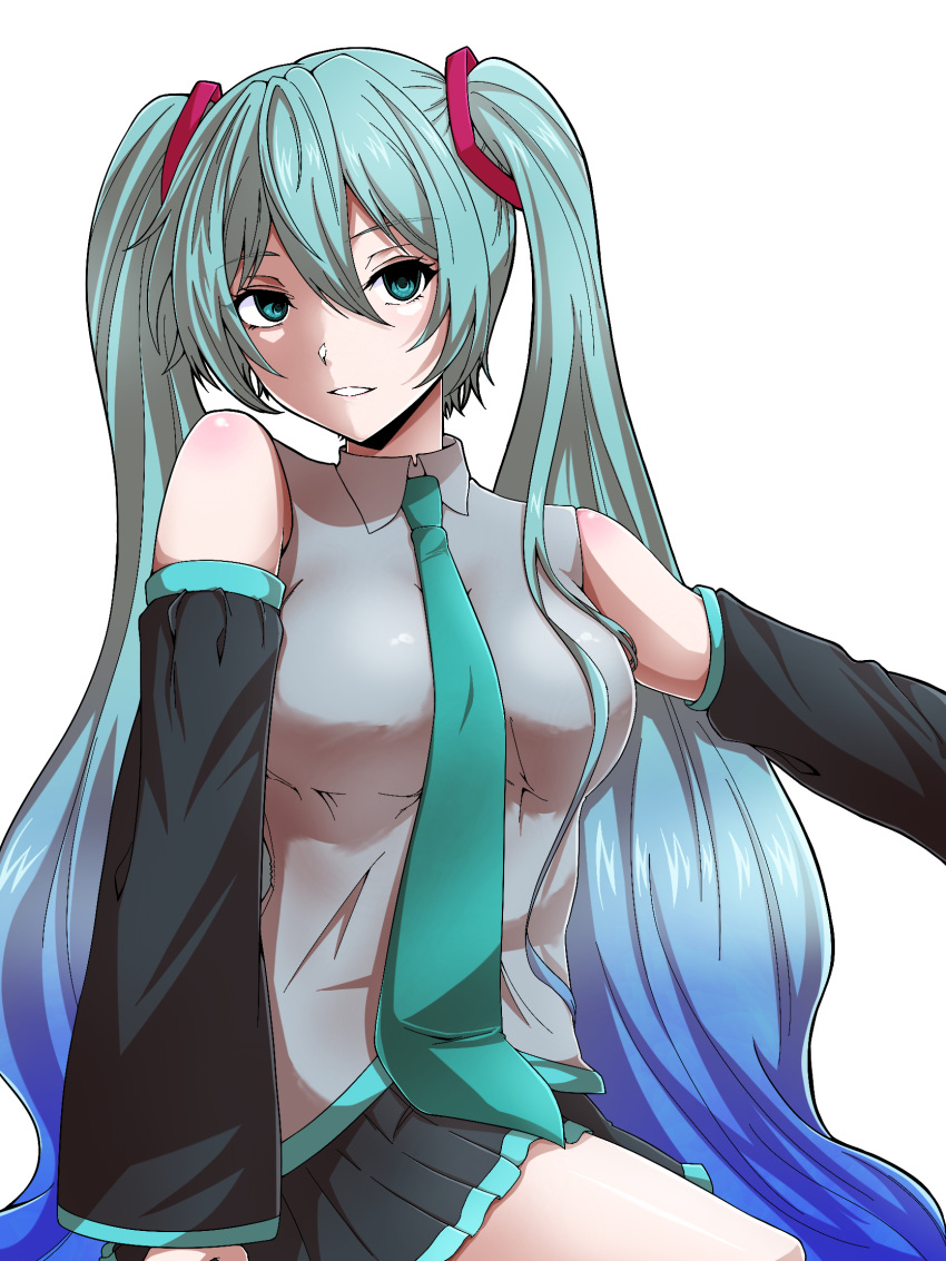 1girl, black_skirt, blue_eyes, blue_hair, breasts, commentary, detached_sleeves, eyebrows_visible_through_hair, gradient_hair, hair_between_eyes, hatsune_miku, highres, long_hair, looking_to_the_side, medium_breasts, multicolored_hair, necktie, sitting, skirt, solo, twintails, usotsuki-deceive, very_long_hair, vocaloid