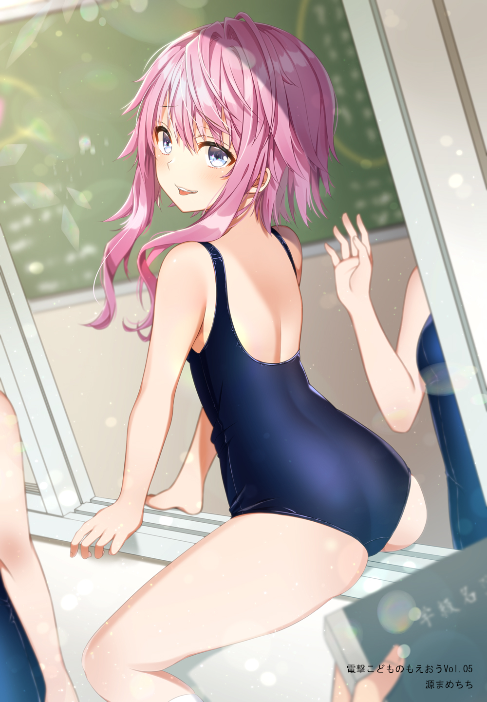 1other, 3girls, arm_up, ass, blue_eyes, book, chalkboard, classroom