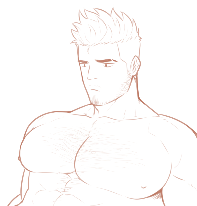 1boy, abs, bara, chest, chest_hair, facial_hair, goatee, hunterkay
