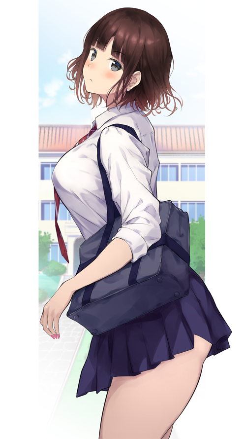 1girl, bag, bangs, black_eyes, blunt_bangs, brown_hair, eyebrows_visible_through_hair, looking_at_viewer