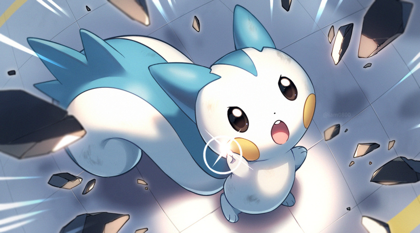 black_eyes, commentary_request, follow_me_(pokemon), gen_4_pokemon, hand_up, index_finger_raised, looking_up, no_humans, open_mouth, pachirisu, pokemon, pokemon_(creature), rock, sayshownen, solo, squirrel, standing, teeth, tile_floor, tiles, tongue, upper_teeth, video_game_championships, video_game_championships_2014