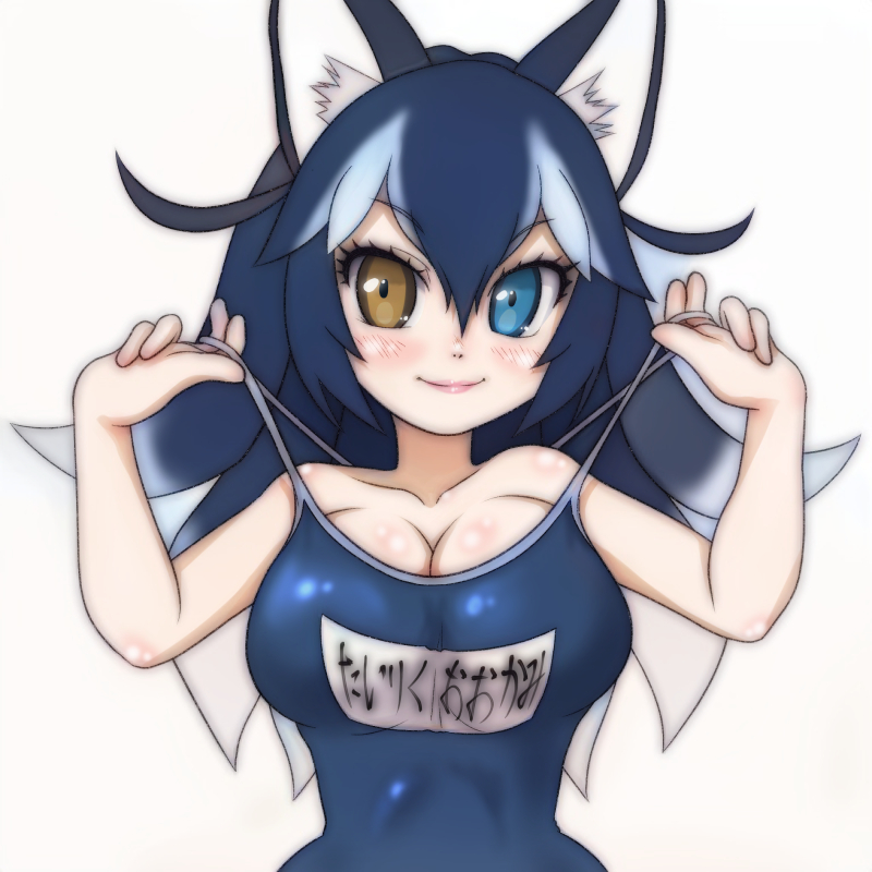 1girl, animal_ears, black_hair, blue_eyes, blue_swimsuit, commentary, commentary_request, competition_school_swimsuit, covered_navel, grey_wolf_(kemono_friends), heterochromia, kemono_friends, lipstick, looking_at_viewer, makeup, multicolored_hair, name_tag, old_school_swimsuit, one-piece_swimsuit, school_swimsuit, simple_background, smile, solo, swimsuit, t_jiroo_(ringofriend), two-tone_hair, white_background, white_hair, wolf_ears, wolf_girl, yellow_eyes