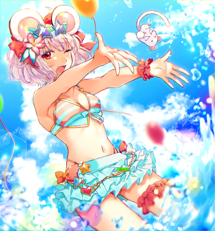 1girl, animal_ears, balloon, bikini, bow, eyebrows_visible_through_hair, fake_animal_ears, flower