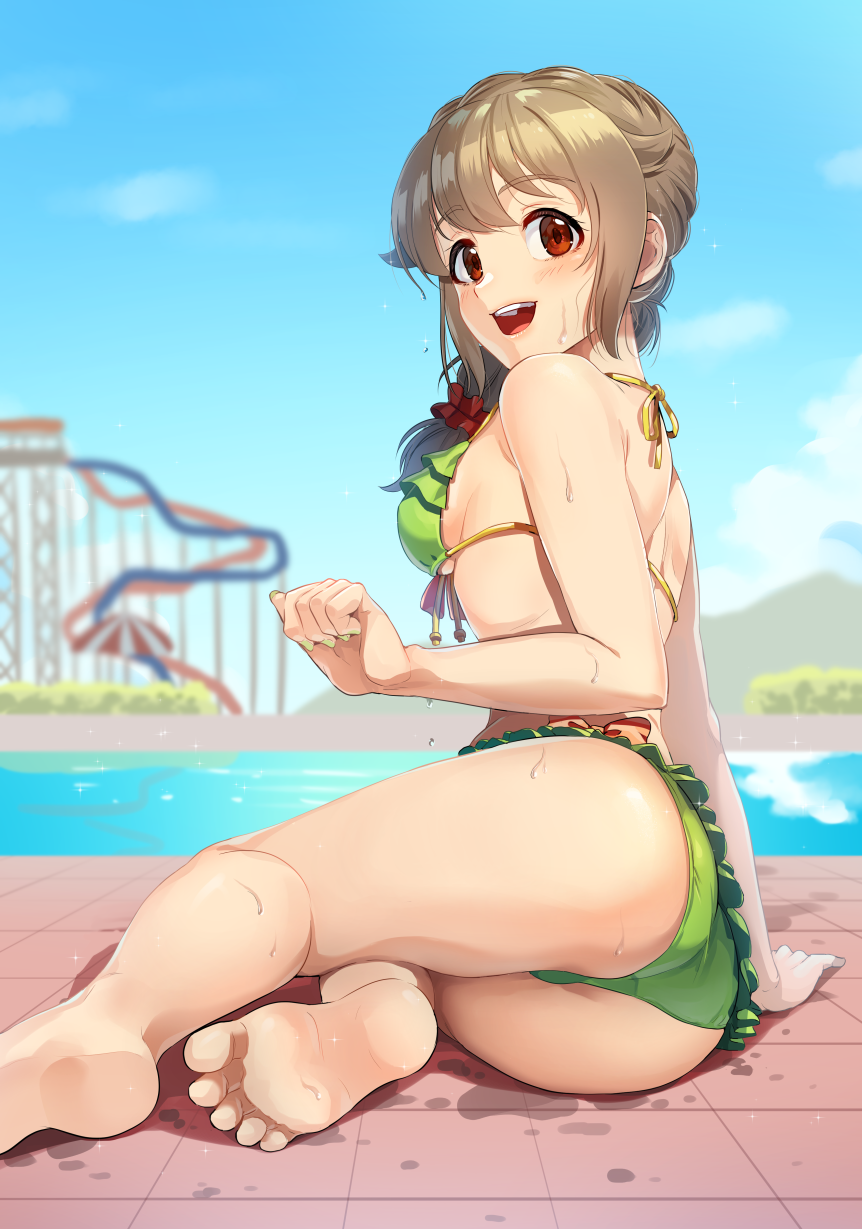 1girl, :d, ass, bikini, brown_eyes, commentary, day, feet
