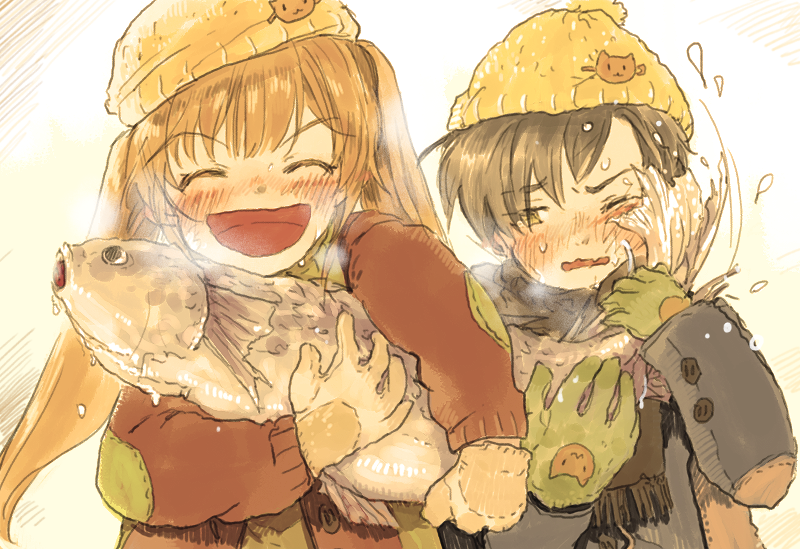 1boy, 1girl, :d, ^_^, beanie, black_hair, blush, brown_hair
