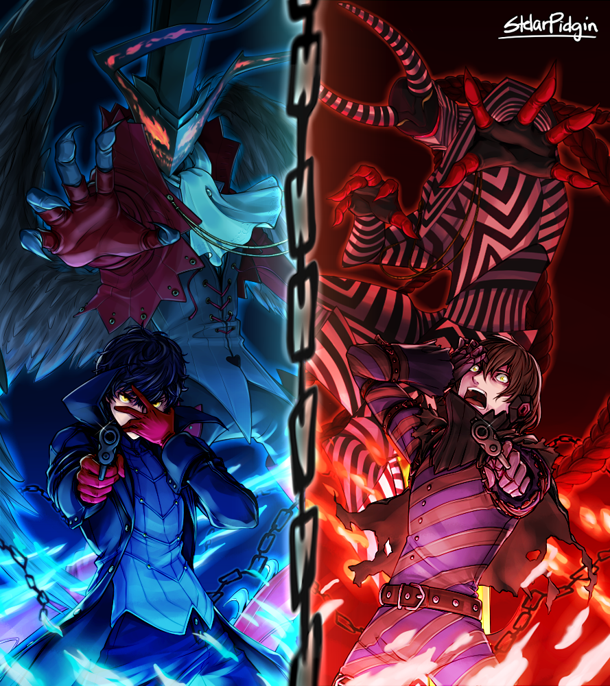 2boys, aiming_at_viewer, akechi_gorou, amamiya_ren, angry, arsene_(persona_5), black_hair, blue_fire