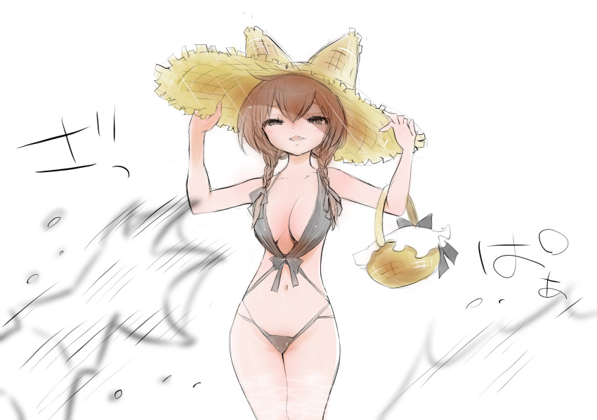 1girl, basket, bikini, black_bikini, black_eyes, braid, breasts, brown_hair