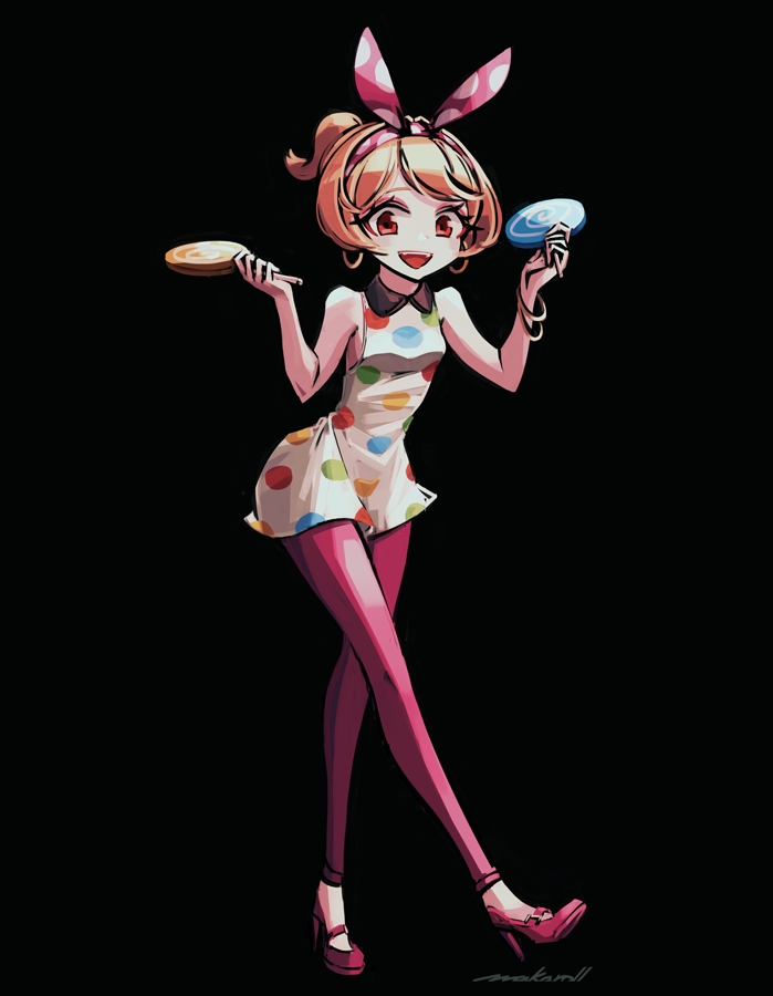 1girl, allen_(makaroll), artist_name, bangs, bare_arms, bare_shoulders, black_background, blonde_hair