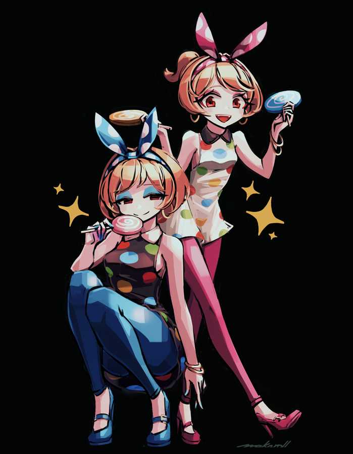 2girls, allen_(makaroll), arm_at_side, artist_name, ass, bangs, bare_arms, bare_shoulders