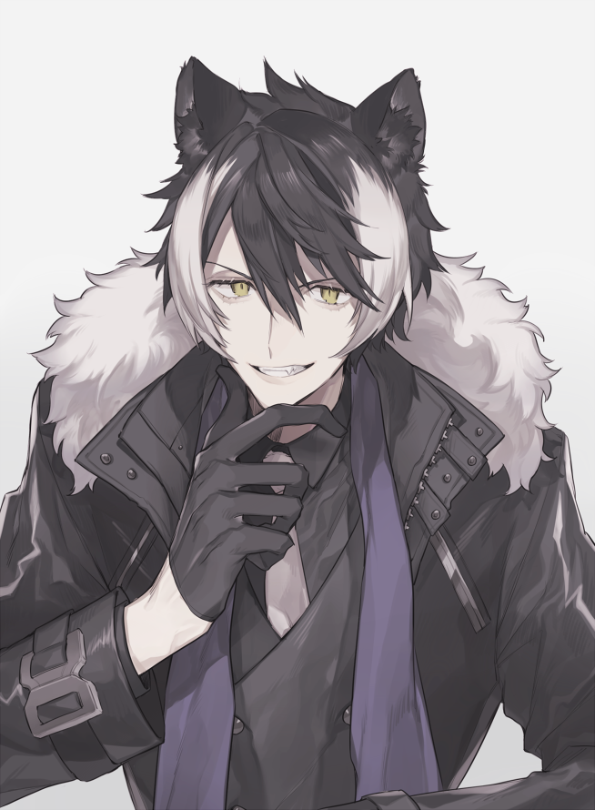 1boy, animal_ears, black_coat, black_gloves, black_hair, buckle, buttons, coat