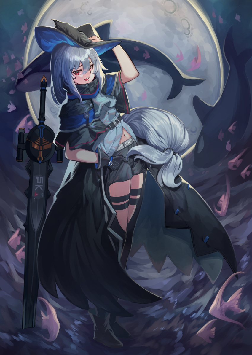 1girl, absurdres, arknights, arm_up, bangs, black_gloves, black_headwear, commentary_request, eyelashes, gloves, grey_hair, hair_between_eyes, hand_in_pocket, hand_on_headwear, hat, highres, ktr_(tpun2553), long_hair, mixed-language_commentary, navel, open_mouth, red_eyes, skadi_(arknights), standing, sword, teeth, tongue, very_long_hair, weapon