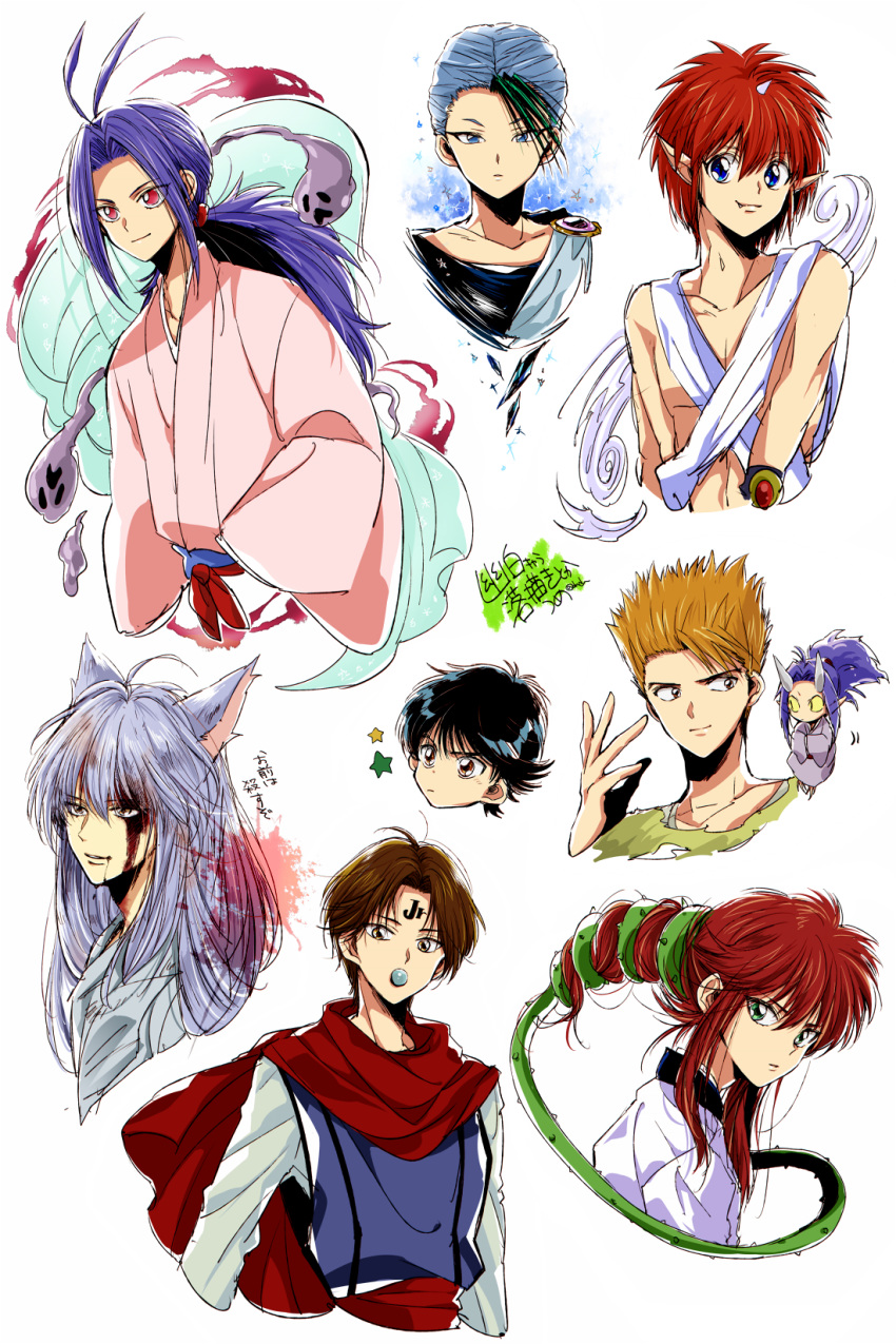 6+boys, alternate_form, animal_ears, antenna_hair, blonde_hair, blood, blood_on_face, bloody_hair