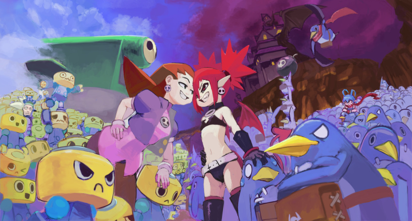 2boys, 2girls, army, black_gloves, brown_hair, disgaea, etna, eye_contact