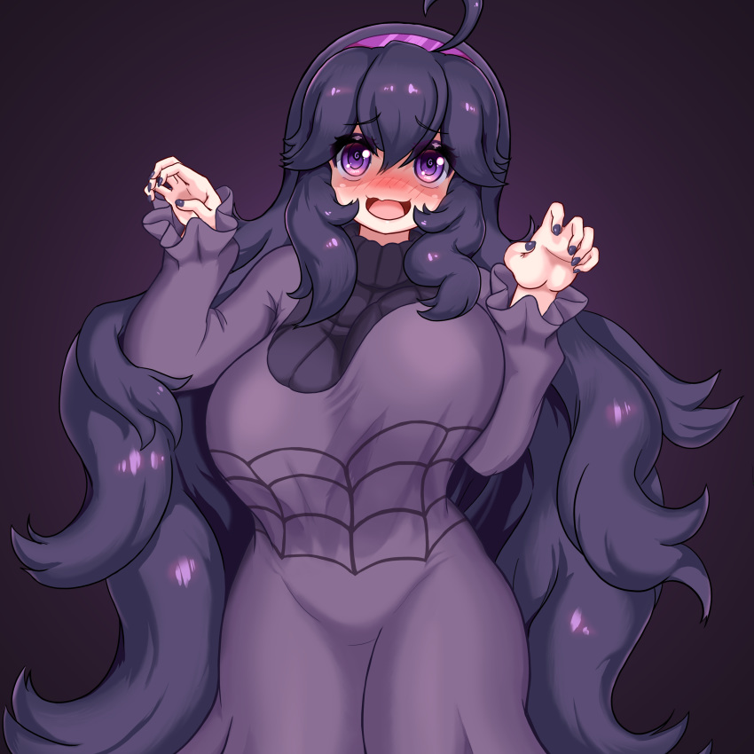 1girl, absurdres, ahoge, alternate_breast_size, bangs, black_hair, black_nails, blush