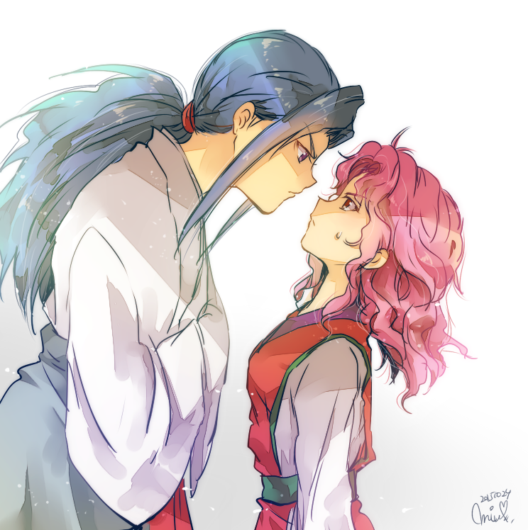 1boy, 1girl, antenna_hair, bent_over, blue_hair, crossed_arms, genkai, height_difference