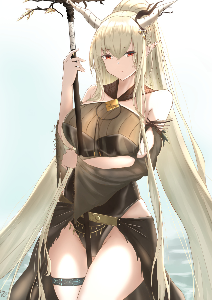 1girl, absurdres, aqua_background, arknights, black_swimsuit, breasts, closed_mouth, commentary