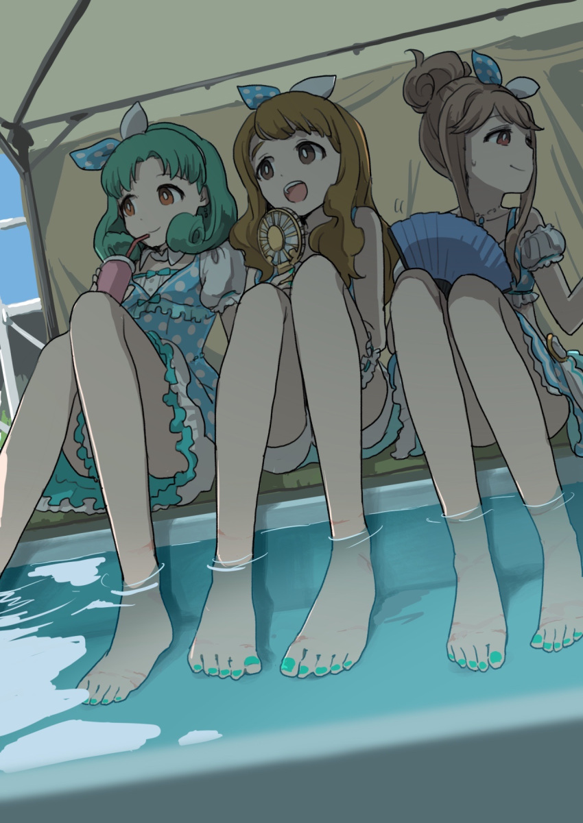3girls, bangs, bare_shoulders, barefoot, blue_skirt, bow_hairband, brown_eyes, brown_hair