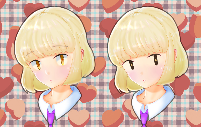 1girl, bangs, blonde_hair, blunt_bangs, blush, collared_shirt, commentary_request, cropped_shoulders