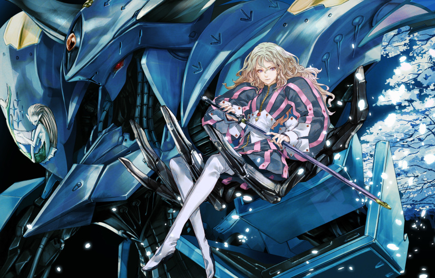 1girl, blonde_hair, cherry_blossoms, christine_v, closed_mouth, cross, cross_earrings, earrings, fingernails, five_star_stories, gem, glint, hair_between_eyes, highres, holding, holding_another, holding_sword, holding_weapon, jewelry, long_hair, mecha, mermaid, monster_girl, neptune_(five_star_stories), petals, pink_nails, puffy_sleeves, redjuice, reflection, scabbard, sheath, sitting, striped, sword, tree, twintails, violet_eyes, weapon, white_legwear