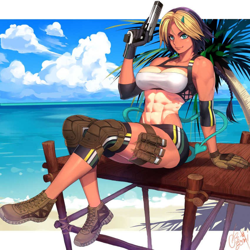 abs, aqua_eyes, beach, black_hair, blonde_hair, blue_sky, boots, breasts