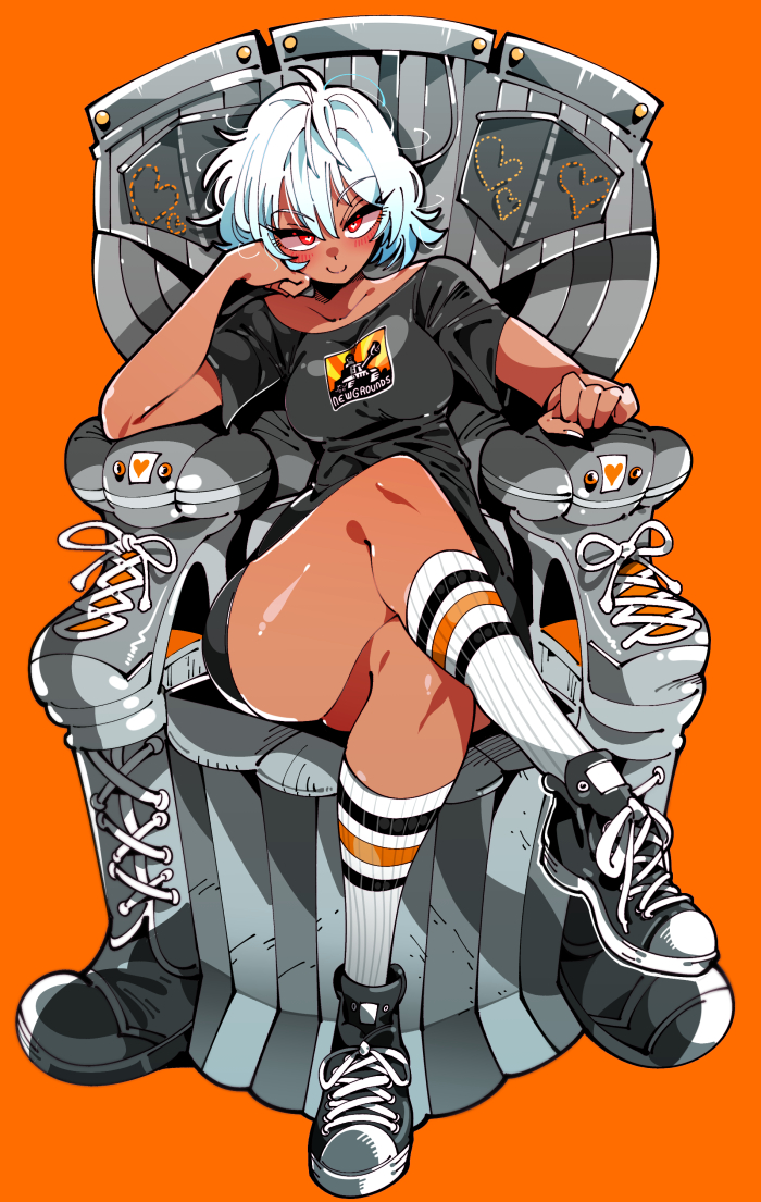 1girl, bangs, bike_shorts, black_shirt, black_shorts, closed_mouth, commentary, cross-laced_footwear