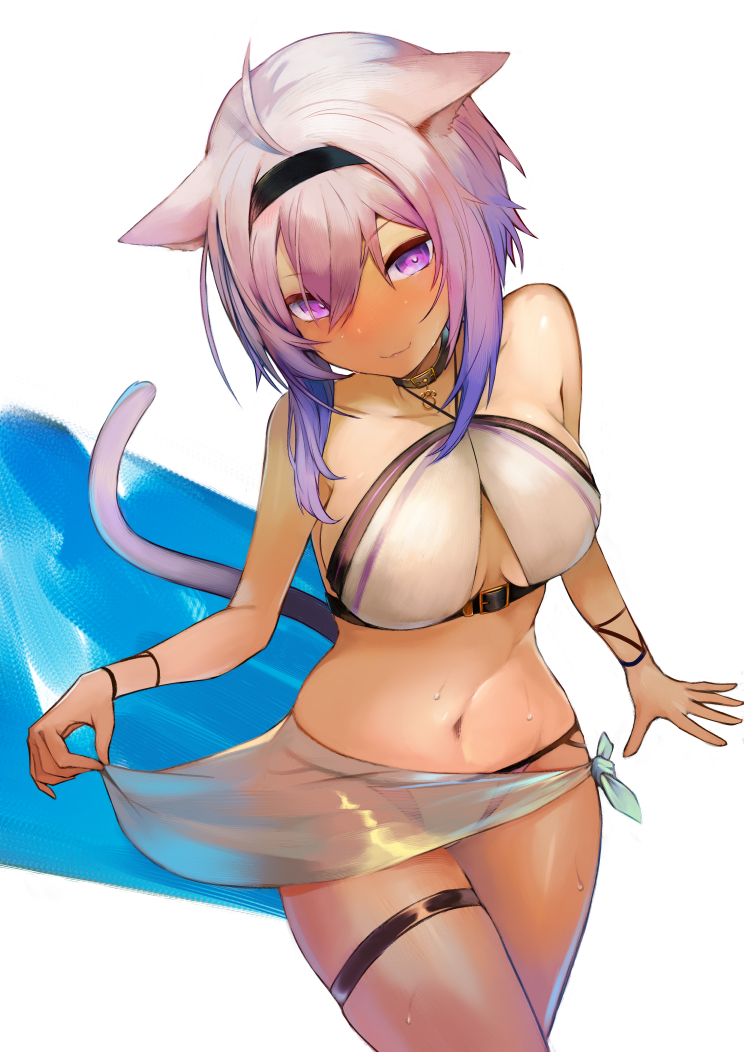 1girl, ahoge, animal_ears, bikini, blush, breasts, cat_ears, cat_tail