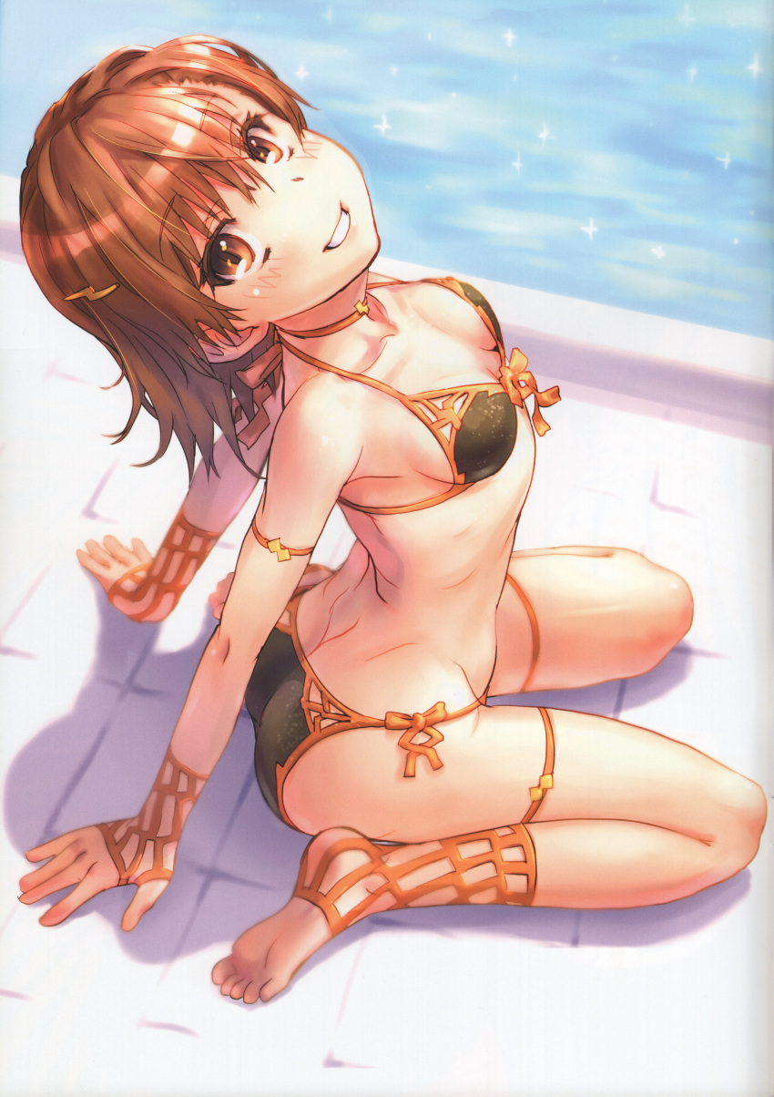 1girl, absurdres, arched_back, arm_support, armlet, ass, bare_shoulders, barefoot, bikini, black_bikini, blush, breasts, brown_eyes, brown_hair, butt_crack, collarbone, feet, from_above, from_side, front-tie_bikini, front-tie_top, gloves, grin, hair_ornament, hairpin, highres, huge_filesize, leaning_back, lightning_bolt, lightning_bolt_hair_ornament, looking_at_viewer, looking_up, misaka_mikoto, pool, poolside, raika9, scan, shiny, shiny_skin, short_hair, side-tie_bikini, sitting, small_breasts, smile, soles, solo, sparkle, string_bikini, swimsuit, thigh_strap, to_aru_kagaku_no_railgun, to_aru_majutsu_no_index, wariza, water