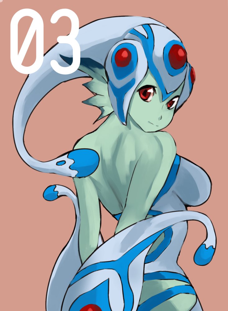 1girl, arms_behind_back, back, bare_shoulders, breasts, digimon, green_skin, head_fins