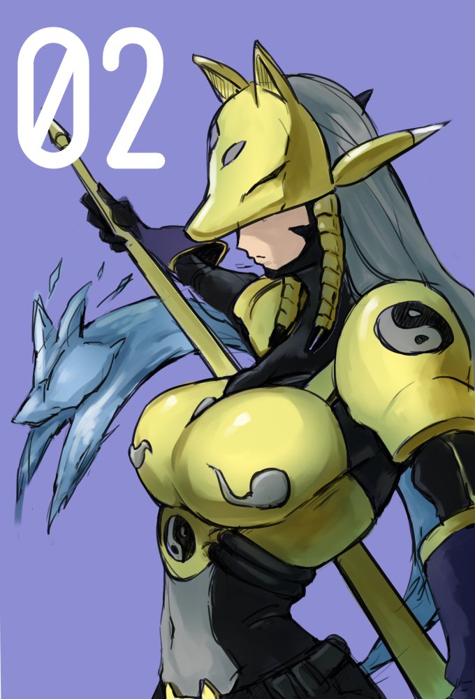 1girl, armor, covered_eyes, digimon, fox, fox_mask, gloves, grey_hair, holding, holding_weapon, long_hair, mask, purple_background, sakuyamon, simple_background, solo, weapon, xia_shiming, yin_yang