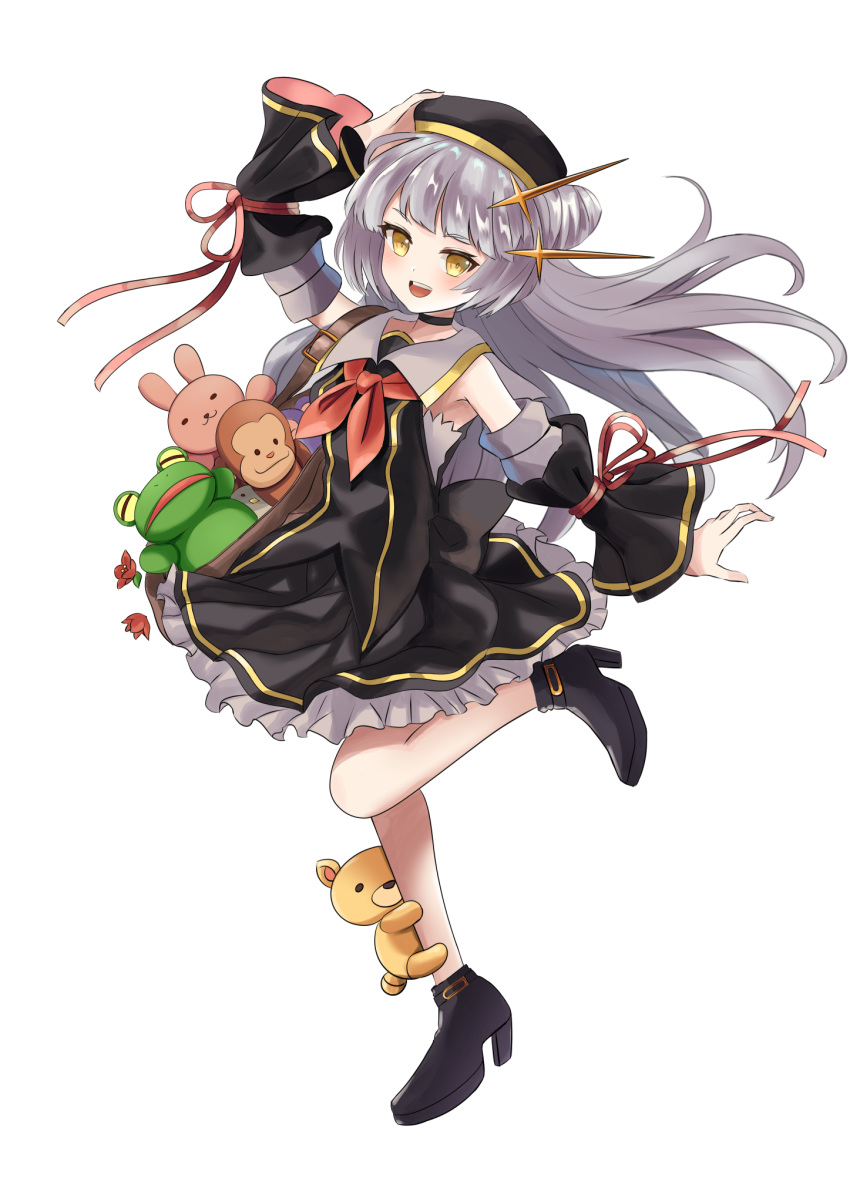 1girl, :d, arm_up, bangs, beret, black_dress, black_footwear, black_headwear