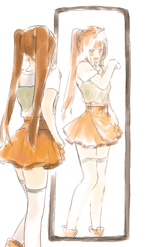 1girl, arm_up, brown_hair, eiyuu_densetsu, estelle_bright, gaha_(charat08), long_hair, miniskirt, mirror, reflection, sketch, skirt, skirt_tug, solo, sora_no_kiseki, thigh-highs, twintails, white_background