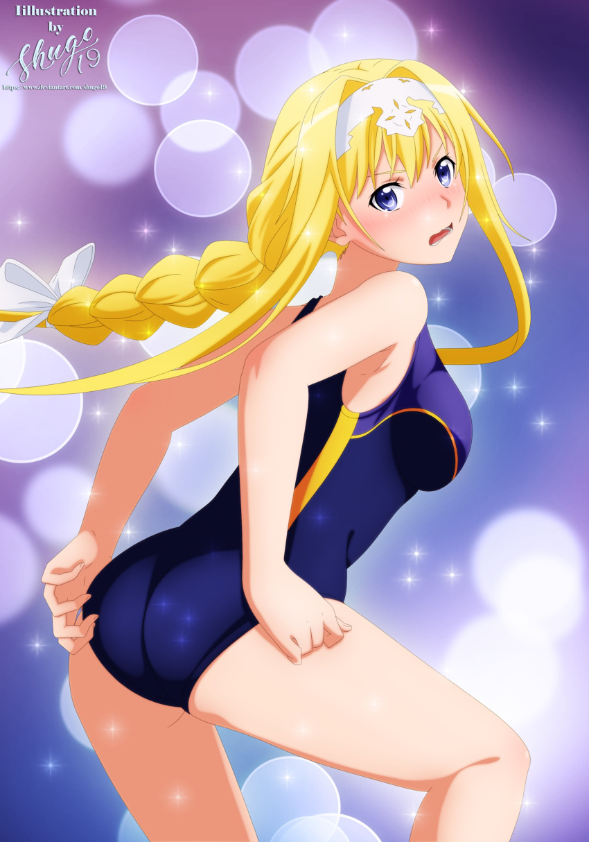 1girl, absurdres, alice_schuberg, bare_legs, bare_shoulders, bikini, blonde_hair, blue_background