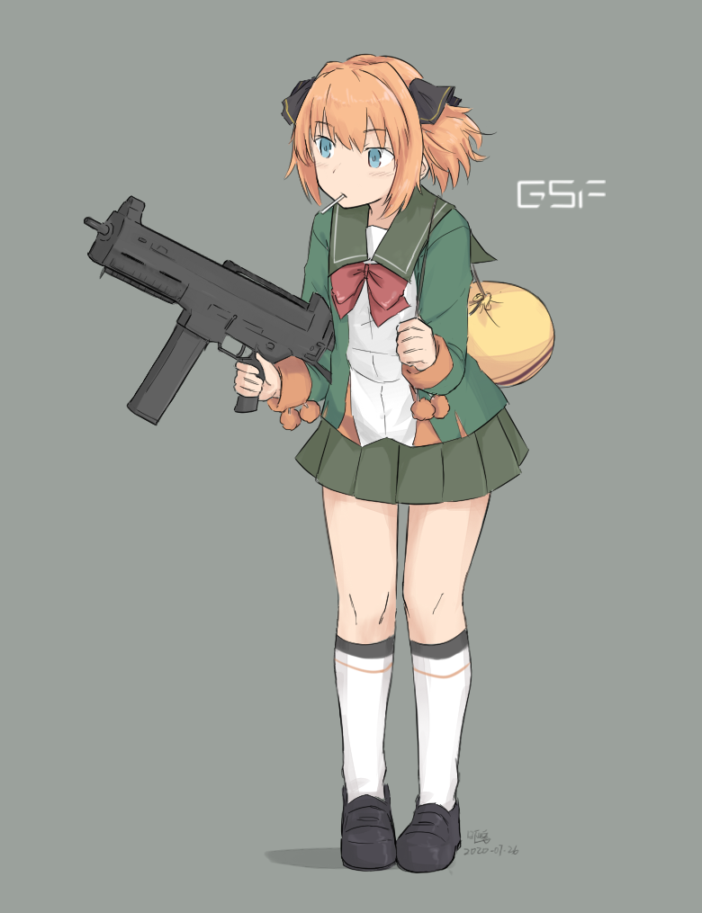 1girl, bag, black_footwear, black_ribbon, blue_eyes, candy, commentary_request, drawstring