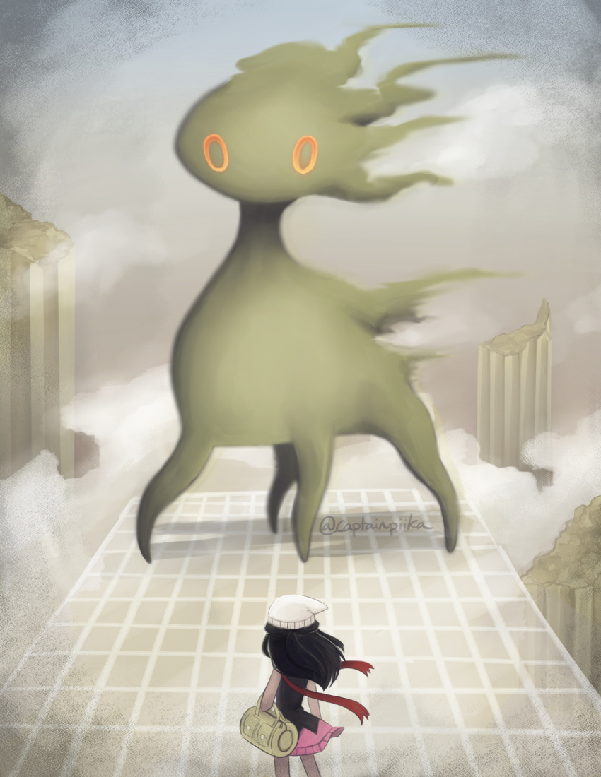 1girl, 1other, alpha_(specie), arceus, bag, beanie, beta_pokemon, black_hair, captainpiika, clouds, creatures_(company), dawn_(pokemon), from_behind, game_freak, gen_4_pokemon, grid, hall_of_origin, hat, highres, hikari_(pokemon), human, leak, long_hair, mythical_pokemon, nintendo, olm_digital, pillar, pokemon, pokemon_(creature), pokemon_bdsp, pokemon_dppt, pokemon_dppt_(prototype), pokemon_dppt_beta, scarf, skirt, standing