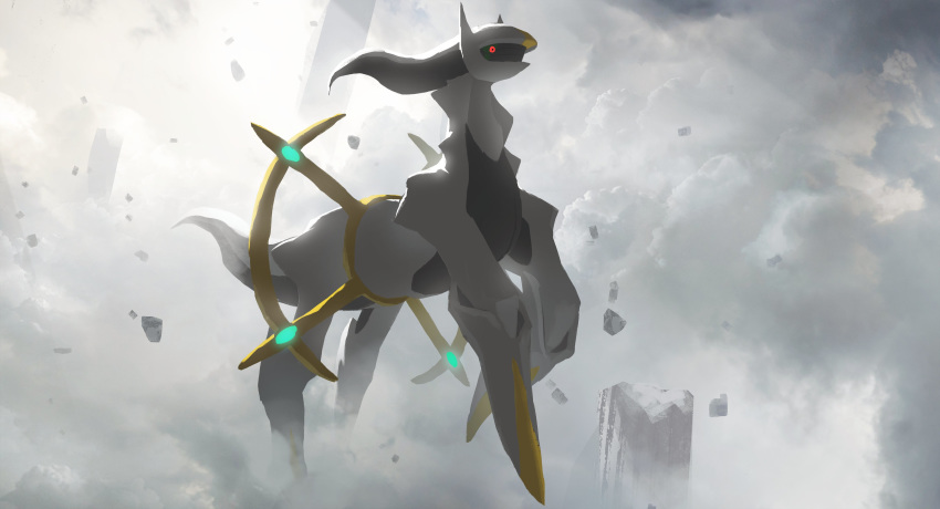 absurdres, arceus, asteroid_ill, clouds, crumbling, debris, flying, gen_4_pokemon, highres, legendary_pokemon, light_rays, mythical_pokemon, no_humans, pillar, pokemon, pokemon_(creature), red_eyes, solo