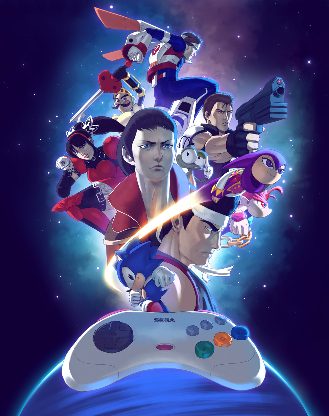 1girl, 2others, 6+boys, amabane_shou, astal, astal_(astal), azel_(panzer_dragoon), black_hair