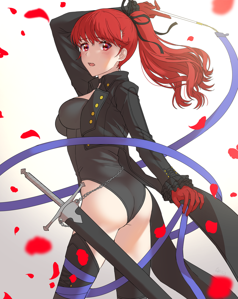 1girl, arm_up, ass, black_jacket, black_legwear, black_leotard, black_ribbon, boots, breasts, buttons, gloves, jacket, leotard, long_hair, medium_breasts, persona, persona_5, persona_5_the_royal, ponytail, red_eyes, red_gloves, redhead, ribbon, shirotoge, simple_background, solo, thigh-highs, thigh_boots, thighs, yoshizawa_kasumi