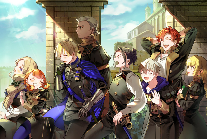 3girls, 5boys, annette_fantine_dominic, arms_up, ashe_ubert, belt, black_hair, blonde_hair, blue_cape, blue_eyes, blue_legwear, book, bow, cape, closed_eyes, closed_mouth, dark_skin, dark_skinned_male, dedue_molinaro, dimitri_alexandre_blaiddyd, earrings, felix_hugo_fraldarius, fire_emblem, fire_emblem:_three_houses, from_side, garreg_mach_monastery_uniform, green_eyes, grey_hair, grin, hair_bow, highres, holding, holding_book, hood, hood_down, ingrid_brandl_galatea, jewelry, kkuonn19, long_hair, long_sleeves, low_ponytail, mercedes_von_martritz, multiple_boys, multiple_girls, orange_hair, redhead, scabbard, sheath, sheathed, short_hair, smile, sword, sylvain_jose_gautier, twintails, uniform, weapon