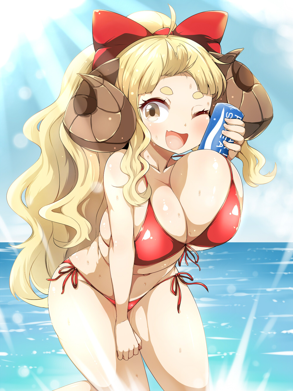 1girl, :d, alternate_hairstyle, anila_(granblue_fantasy), bikini, blonde_hair, blush, bow