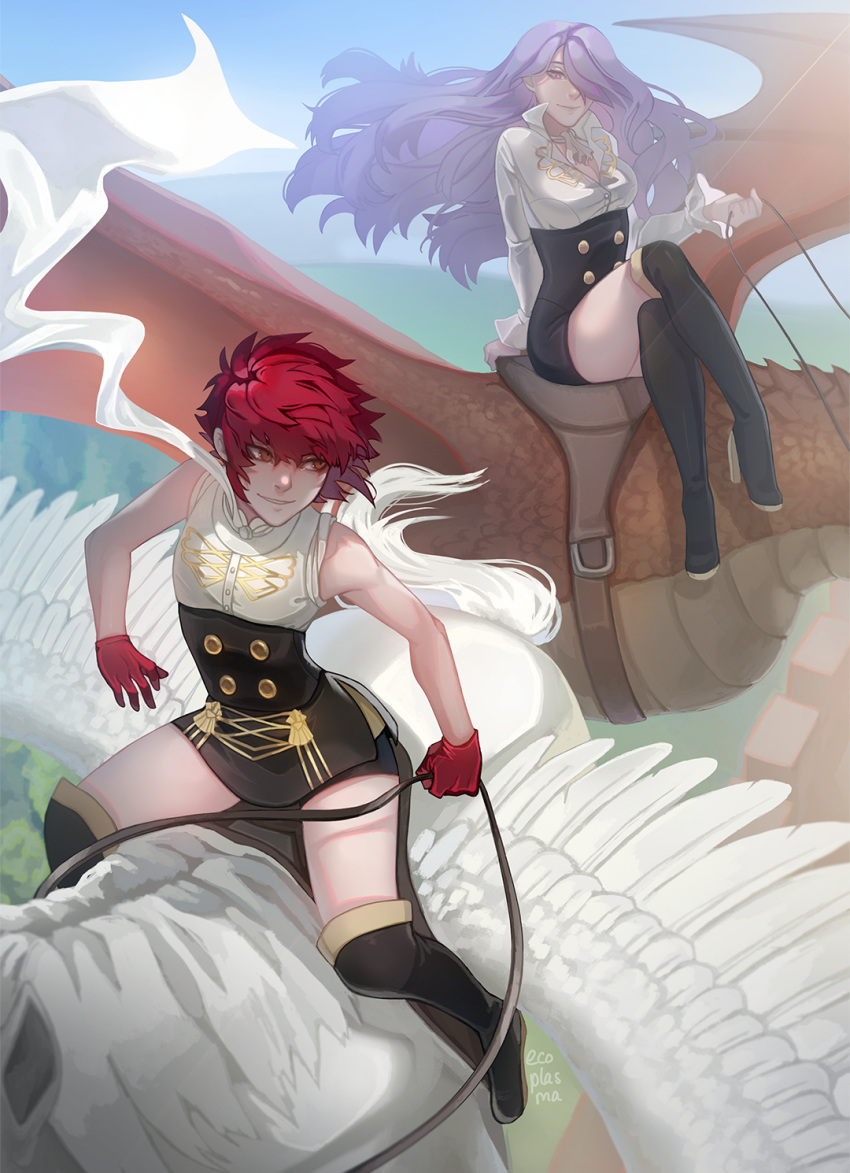 2girls, camilla_(fire_emblem), crossed_legs, dragon, ecoplasma, english_commentary, fire_emblem, fire_emblem:_three_houses