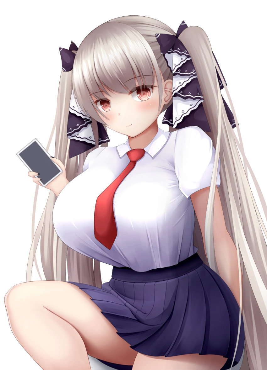 1girl, absurdres, azur_lane, blue_skirt, breasts, cellphone, eyebrows_visible_through_hair, formidable_(azur_lane), gintokyhenry, hair_ornament, highres, holding, holding_phone, huge_breasts, large_breasts, long_hair, looking_at_viewer, phone, pleated_skirt, red_eyes, red_neckwear, school_uniform, shirt, short_sleeves, skirt, smartphone, twintails, very_long_hair, white_shirt