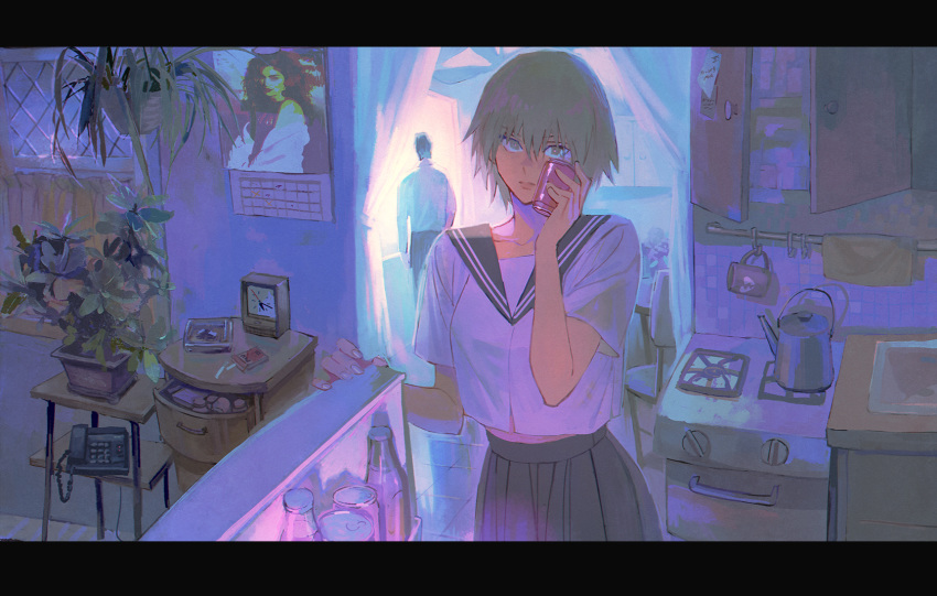 1boy, 1girl, analog_clock, blue_sailor_collar, blue_skirt, bottle, breasts, broken_heart