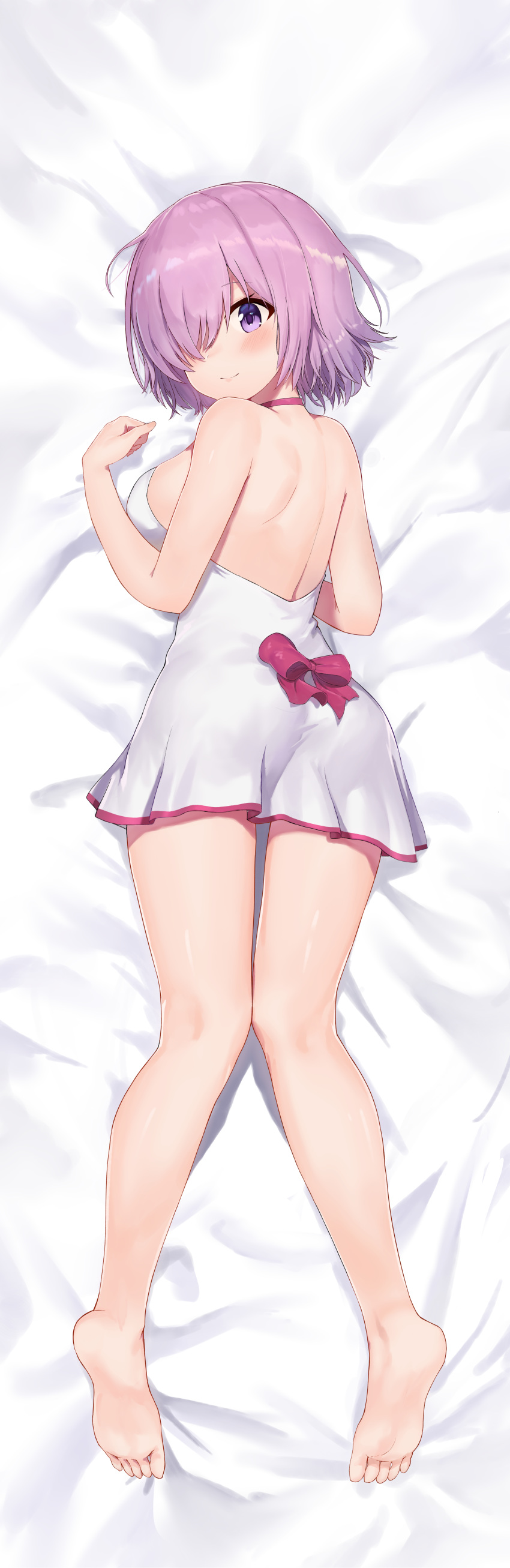 1girl, absurdres, ass, ayul_(ayulneri_92), bangs, bare_shoulders, barefoot, bed_sheet