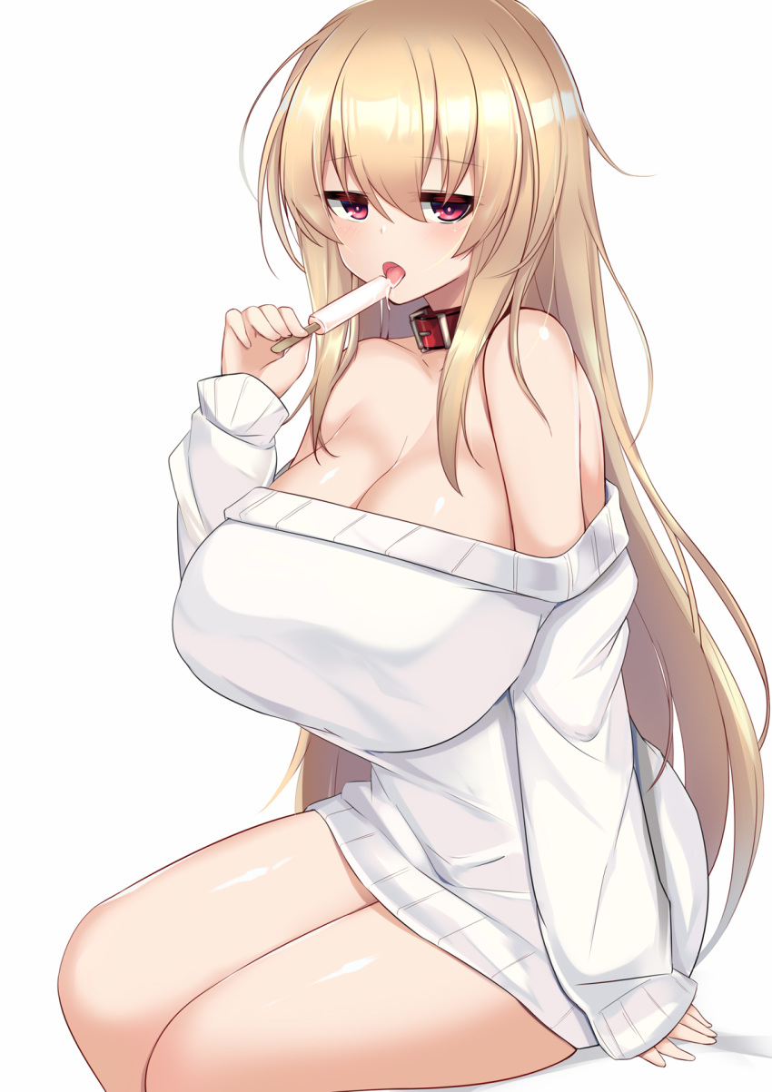 1girl, bangs, bare_shoulders, blonde_hair, breasts, collar, dress, dripping
