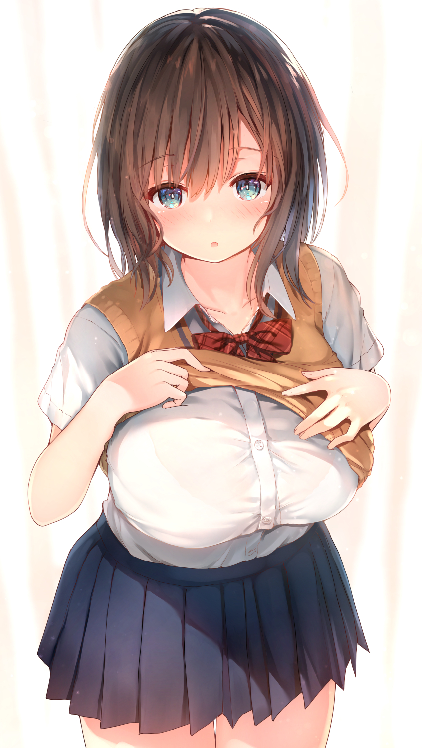 1girl, :o, black_skirt, blue_eyes, blush, bow, bowtie, breasts