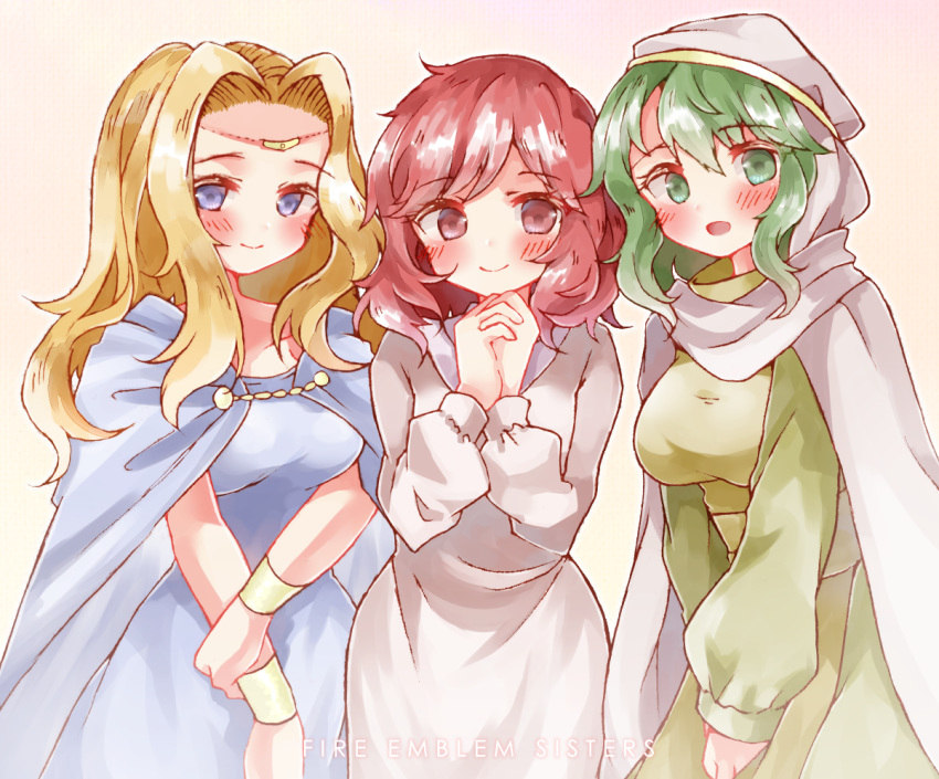 3girls, blonde_hair, blue_eyes, blush, cape, circlet, crossed_arms, dress
